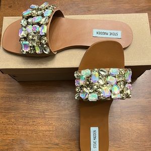NWB Steve Madden Brielle Nude Rhinestone Crystal Slides Sandals 8.5 and 6.5
